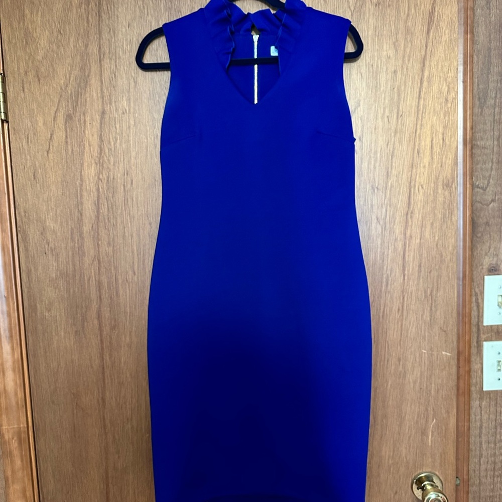 Calvin Klein Large Ruffle Neck Blue Sheath Dress